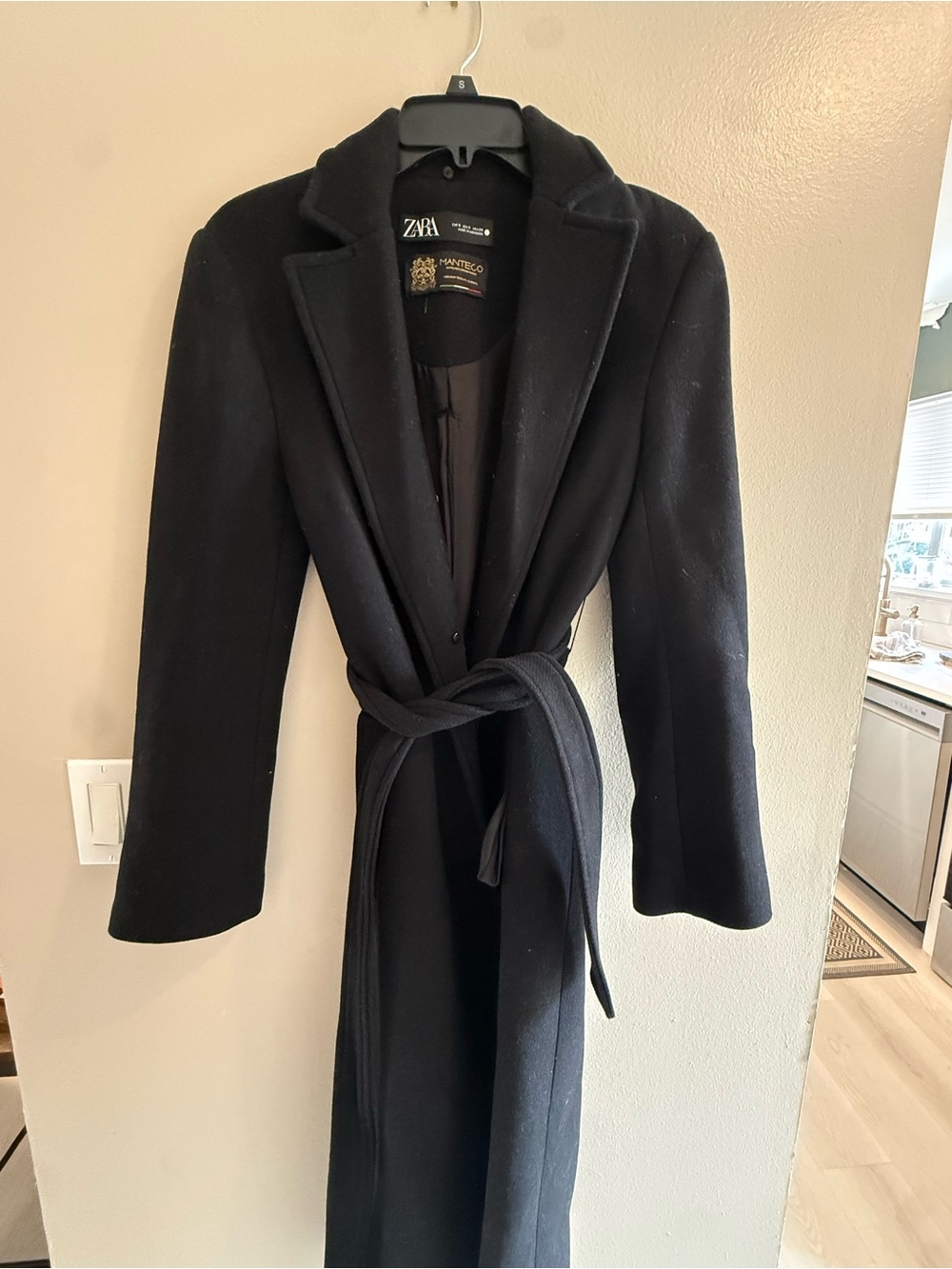 ZARA Black Long Belted Wool Trench Coat for Women